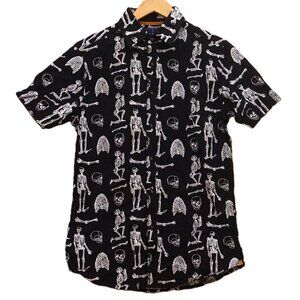 Rugby University Black Button Up Shirt with White Skeleton Pattern Men’s Small